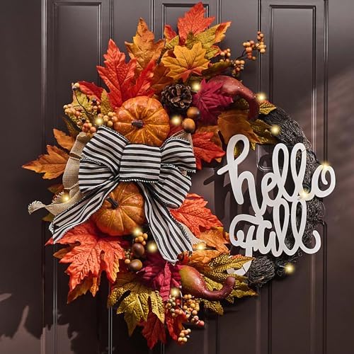 22''Collapsible Fall Wreaths for Front Door with Pumpkins in Brown