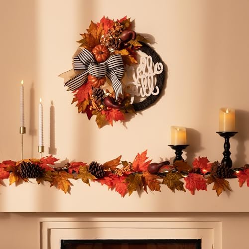 22''Collapsible Fall Wreaths for Front Door with Pumpkins in Brown, alternate view 2