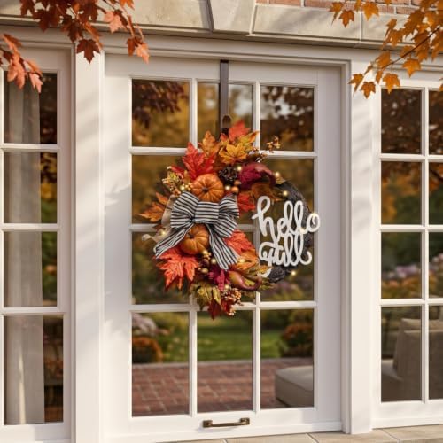 22''Collapsible Fall Wreaths for Front Door with Pumpkins in Brown, alternate view 3