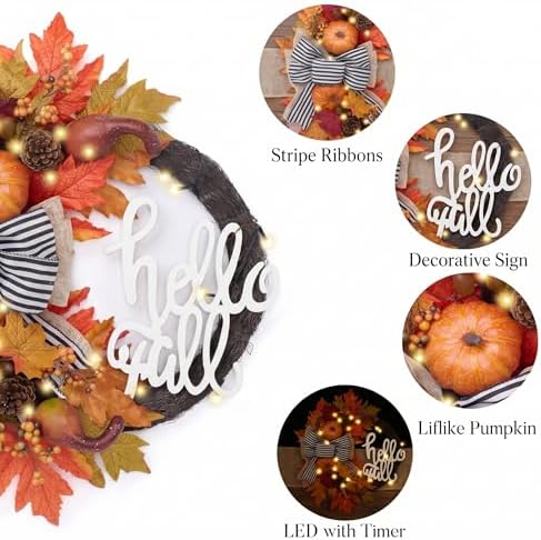 22''Collapsible Fall Wreaths for Front Door with Pumpkins in Brown, alternate view 4