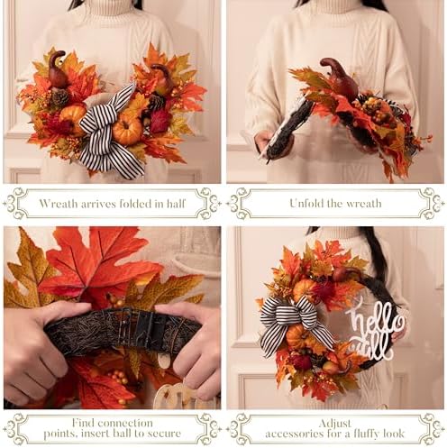 22''Collapsible Fall Wreaths for Front Door with Pumpkins in Brown, alternate view 5