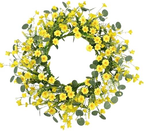 22" Daisy Eucalyptus Wreath for Front Door, Artificial Spring Summer Floral Wreath for Front Door, Home