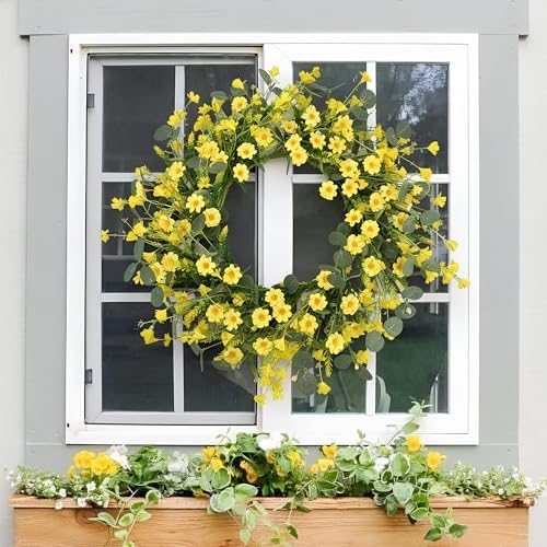 22" Daisy Eucalyptus Wreath for Front Door, Artificial Spring Summer Floral Wreath for Front Door, Home, alternate view 2
