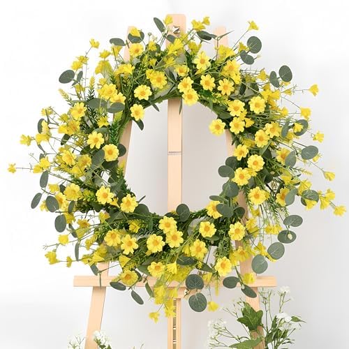 22" Daisy Eucalyptus Wreath for Front Door, Artificial Spring Summer Floral Wreath for Front Door, Home, alternate view 6