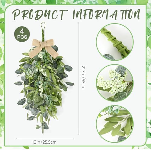 22" Eucalyptus Wreaths for Front Door 4 PCS Greenery Teardrop Swag Spring Summer Wreath with Eucalyptus Olives, alternate