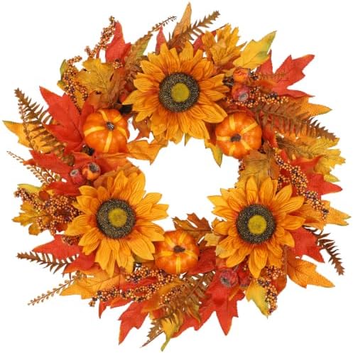 22" Fall Wreaths for Front Door Artificial Sunflower Wreath Autumn Decor in Sunflower