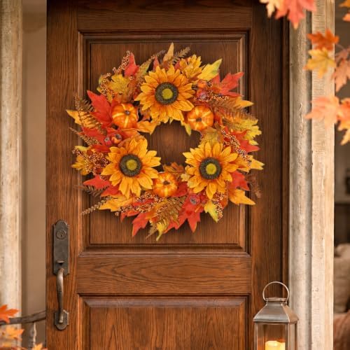 22" Fall Wreaths for Front Door Artificial Sunflower Wreath Autumn Decor in Sunflower, alternate view 2