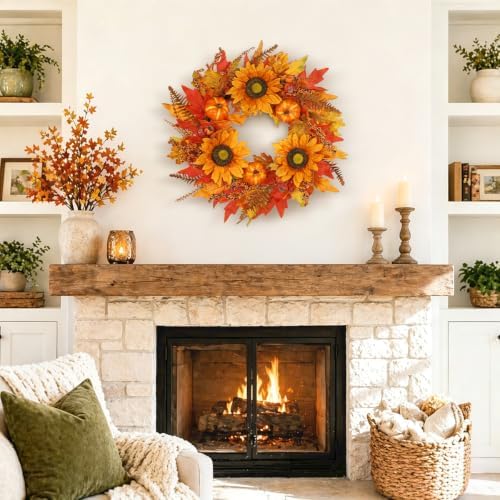 22" Fall Wreaths for Front Door Artificial Sunflower Wreath Autumn Decor in Sunflower, alternate view 3