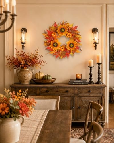 22" Fall Wreaths for Front Door Artificial Sunflower Wreath Autumn Decor in Sunflower, alternate view 4