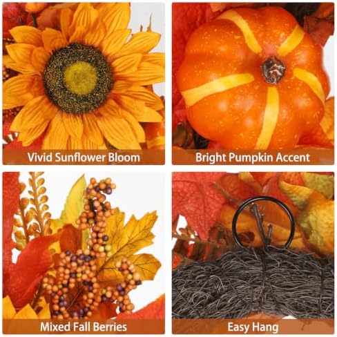 22" Fall Wreaths for Front Door Artificial Sunflower Wreath Autumn Decor in Sunflower, alternate view 5
