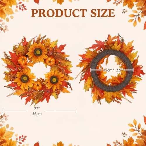 22" Fall Wreaths for Front Door Artificial Sunflower Wreath Autumn Decor in Sunflower, alternate view 6