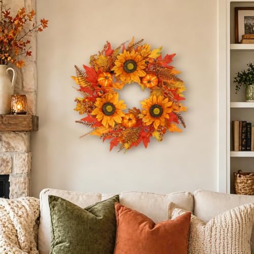 22" Fall Wreaths for Front Door Artificial Sunflower Wreath Autumn Decor in Sunflower, alternate view 7