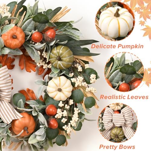 22'' Fall Wreaths for Front Door, Fall Decorations for Home Autumn Wreath, alternate view 3
