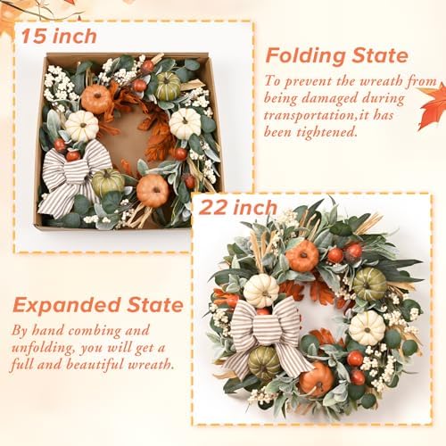 22'' Fall Wreaths for Front Door, Fall Decorations for Home Autumn Wreath, alternate view 6