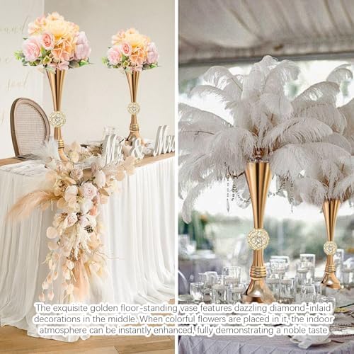 22" Gold Luxury Flower Vase for Wedding Centerpieces - Crystal-Embedded Tall Geometric Metal Vase for Feather, alternate view