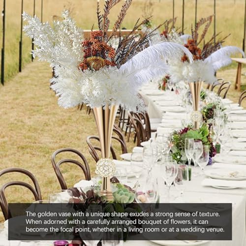 22" Gold Luxury Flower Vase for Wedding Centerpieces - Crystal-Embedded Tall Geometric Metal Vase for Feather, alternate view