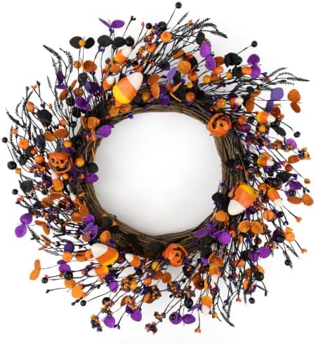 22" Halloween Wreath, Halloween Candy Jack-o'-Lantern Black Berry in Black Orange Purple