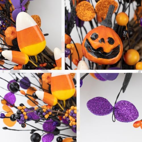 22" Halloween Wreath, Halloween Candy Jack-o'-Lantern Black Berry in Black Orange Purple, alternate view 2