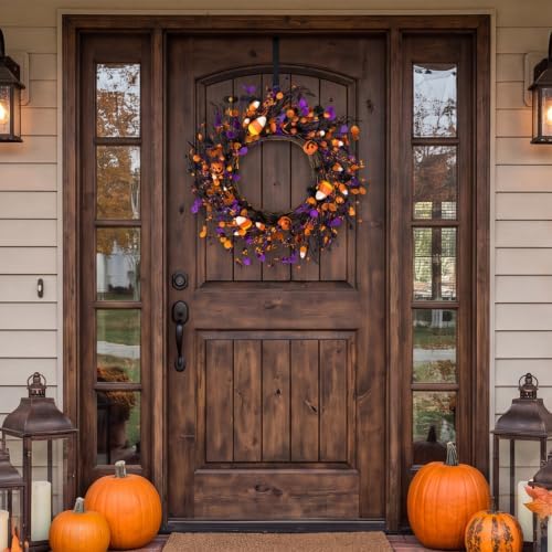 22" Halloween Wreath, Halloween Candy Jack-o'-Lantern Black Berry in Black Orange Purple, alternate view 3