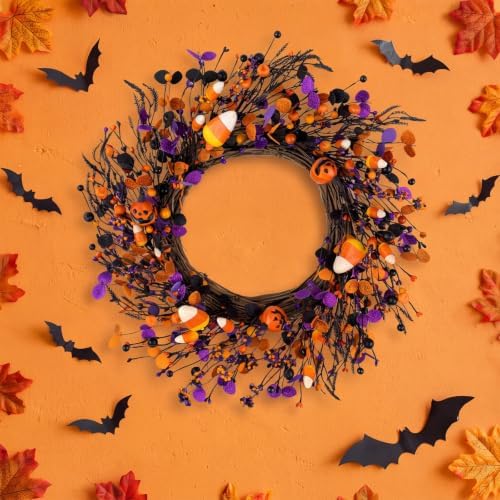 22" Halloween Wreath, Halloween Candy Jack-o'-Lantern Black Berry in Black Orange Purple, alternate view 4