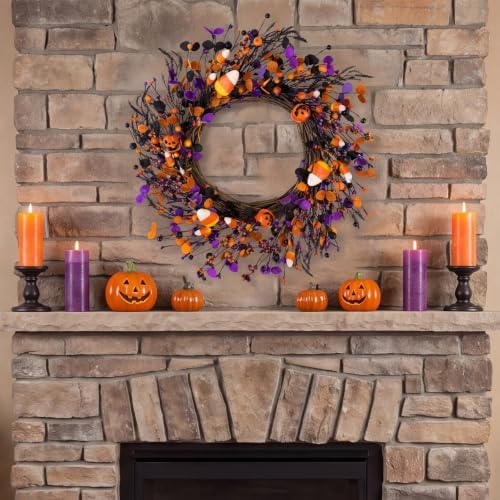 22" Halloween Wreath, Halloween Candy Jack-o'-Lantern Black Berry in Black Orange Purple, alternate view 5