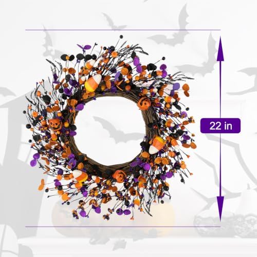 22" Halloween Wreath, Halloween Candy Jack-o'-Lantern Black Berry in Black Orange Purple, alternate view 6