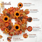 22 in Artificial Fall Wreath, Sunflower Wreaths for Front Door in Sunflower, alternate view 2