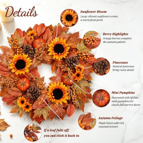 22 in Artificial Fall Wreath, Sunflower Wreaths for Front Door in Sunflower, alternate view 2