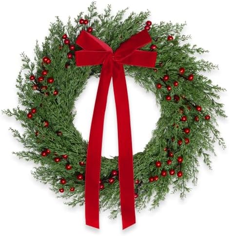 22 in Christmas Wreath for Front Door, Holiday Wreath with a Red Bow in Christmas Bow