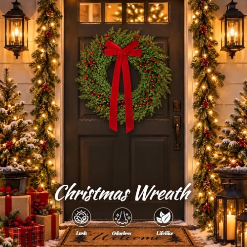 22 in Christmas Wreath for Front Door, Holiday Wreath with a Red Bow in Christmas Bow, alternate view 2