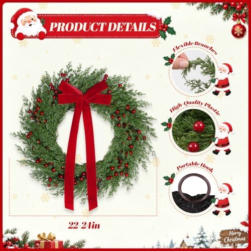 22 in Christmas Wreath for Front Door, Holiday Wreath with a Red Bow in Christmas Bow, alternate view 3