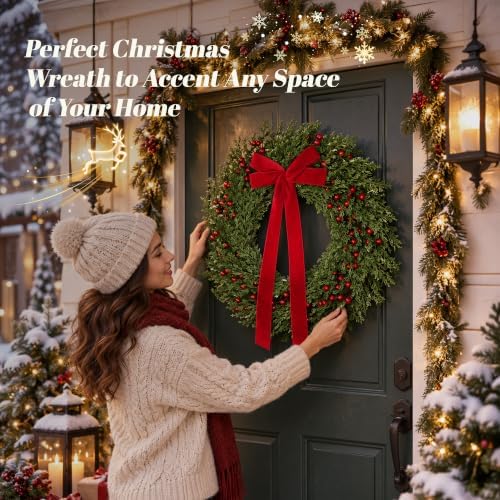 22 in Christmas Wreath for Front Door, Holiday Wreath with a Red Bow in Christmas Bow, alternate view 6