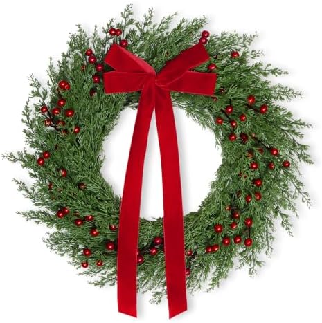 22 Inch Artificial Christmas Wreath for Front Door with Red Bow & Berries