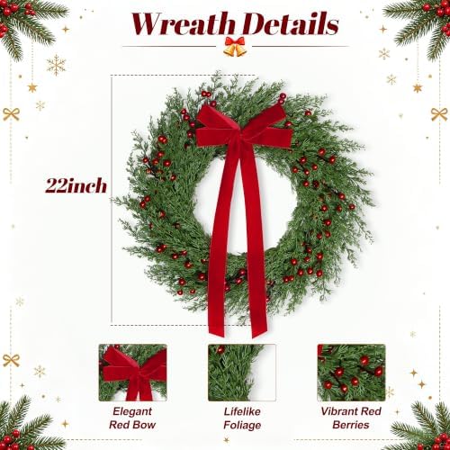 22 Inch Artificial Christmas Wreath for Front Door with Red Bow & Berries, alternate view 2