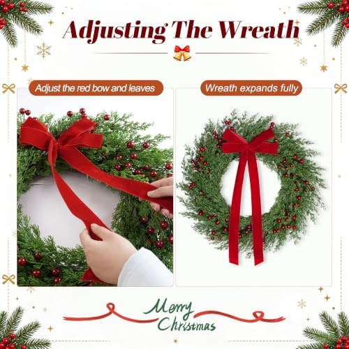 22 Inch Artificial Christmas Wreath for Front Door with Red Bow & Berries, alternate view 4