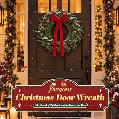 22 Inch Artificial Christmas Wreath for Front Door with Red Bow & Berries, alternate view 6