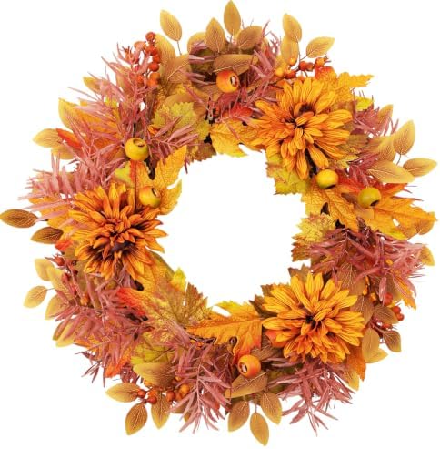 22 Inch Artificial Fall Wreath, Autumn Harvest Wreath with Vibrant Dahlias, Maple Leaves, Pomegranates &