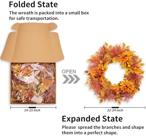 22 Inch Artificial Fall Wreath, Autumn Harvest Wreath with Vibrant Dahlias, Maple Leaves, Pomegranates &, alternate view 2