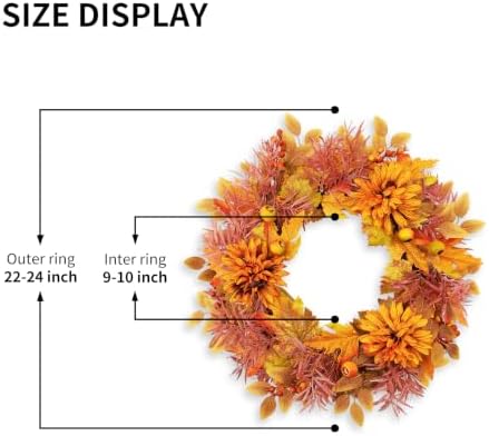 22 Inch Artificial Fall Wreath, Autumn Harvest Wreath with Vibrant Dahlias, Maple Leaves, Pomegranates &, alternate view 3