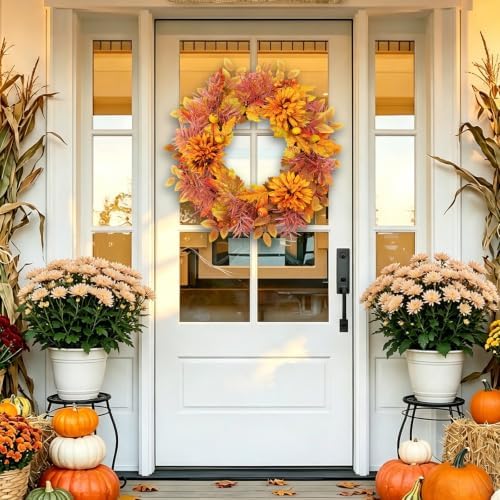 22 Inch Artificial Fall Wreath, Autumn Harvest Wreath with Vibrant Dahlias, Maple Leaves, Pomegranates &, alternate view 4