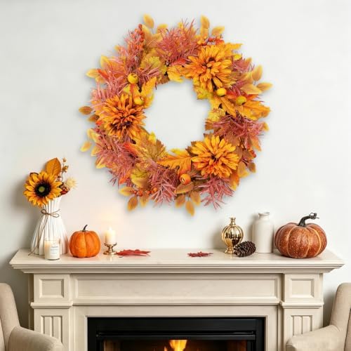 22 Inch Artificial Fall Wreath, Autumn Harvest Wreath with Vibrant Dahlias, Maple Leaves, Pomegranates &, alternate view 6
