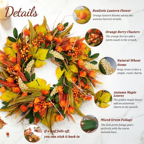22 Inch Artificial Fall Wreath for Front Door in Fall, alternate view 2