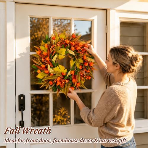 22 Inch Artificial Fall Wreath for Front Door in Fall, alternate view 4