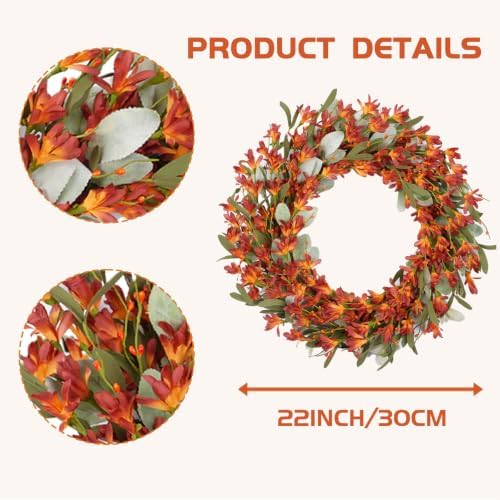 22 Inch Artificial Fall Wreath Lambs Ear Orange Forsythia for Front Door, alternate view 2