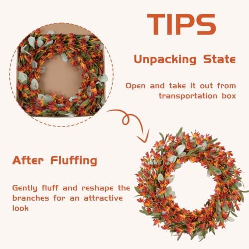22 Inch Artificial Fall Wreath Lambs Ear Orange Forsythia for Front Door, alternate view 3