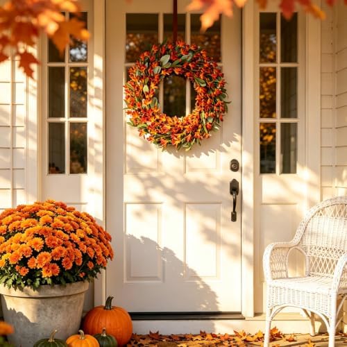 22 Inch Artificial Fall Wreath Lambs Ear Orange Forsythia for Front Door, alternate view 4