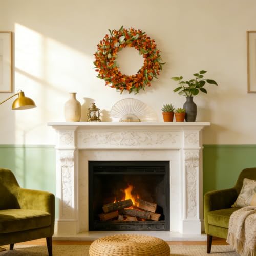 22 Inch Artificial Fall Wreath Lambs Ear Orange Forsythia for Front Door, alternate view 6