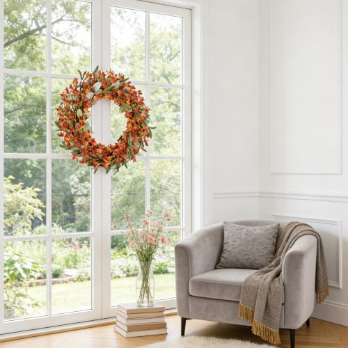 22 Inch Artificial Fall Wreath Lambs Ear Orange Forsythia for Front Door, alternate view 7