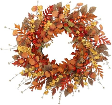 22 inch Artificial Fall Wreaths for Front Door, Autumn Wreath with Large red Berries and Fall Leaves Suitable