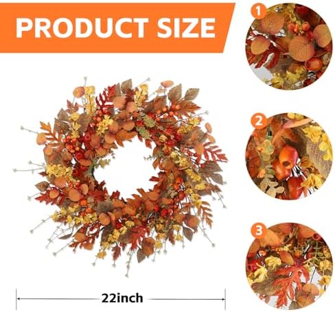 22 inch Artificial Fall Wreaths for Front Door, Autumn Wreath with Large red Berries and Fall Leaves Suitable, alternate view